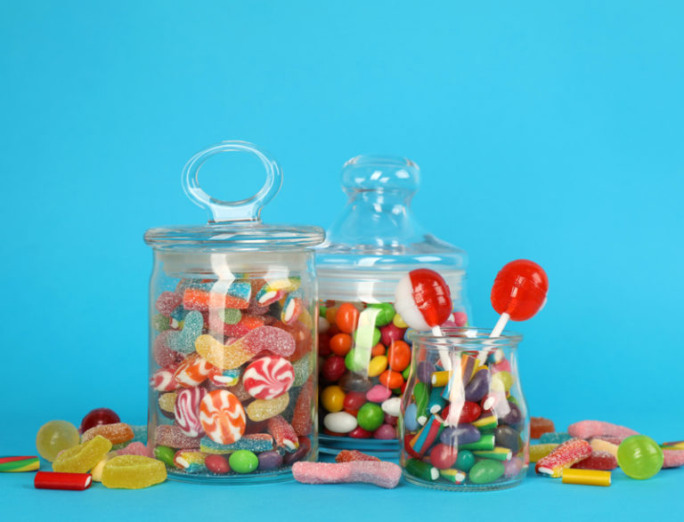 Glass jars with lots of different candies